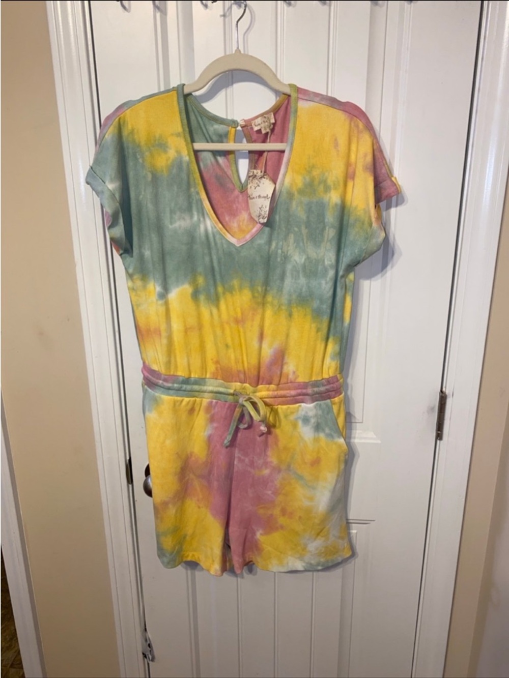 Hem & Thread Tie-Dye Short Sleeve Romper in Yellow, Green & Pink